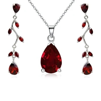 Bild av Crystalline Azuria Tårdroppe Smyckesset Uppsättning Röd Zirkoniumkristaller Halsband Dinglande Örhängen 18ct Vit Guldpläterad