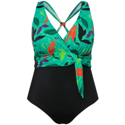 Bild av Ulla Popken Colorful LEAF Halter NECK Baddräkt, Storlek: 50, Black