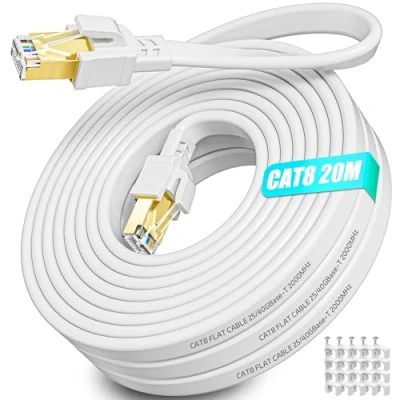 Bild av Nätverkskabel 20m Ethernet Kabel Platt Cat 8 Lan Hög Hastighet Cable Långa 40Gbps 2000MHz Network Gigabit Vit RJ45 Internetkabel 20 Meter för Router Modem