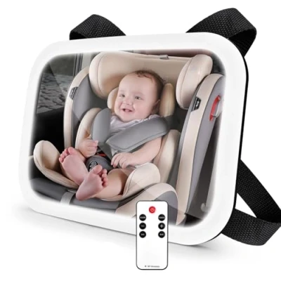 Bild av Comius Sharp Babybilspegel bak, 100 % okrossbar spegel för bilresor, skaksäker bilspegel baby, universell röst eller strömbrytarkontroll med ljus
