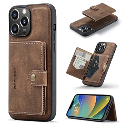 Bild av HERCN PU Leather Case for iPhone 14 Pro Max 6.7&quot;; Removable Card Holder Kickstand Functional Cell Phone Cover with Unique Magnetic Small Wallet (Brown)
