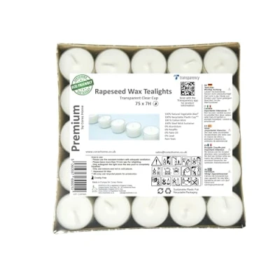 Bild av Premium tealights rapsvax 7 timmar lång brinntid Paket med 75 genomskinliga klara kopp telysar Vitt vax oscenterade nattljusljus Veganvax giftfritt