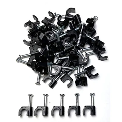Bild av TR Cable® Förpackning med 50 runda svarta kabelklämmor starka spikar hållbara och mångsidiga idealiska för kabelhantering inomhus/utomhus, 6 mm