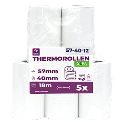 Bild av LYNNE PAYMENT SOLUTIONS Ec Cash termopappersrullar 57 mm x 18 m 12 kassarullar termopapper kvittorullar för bankomat kreditkortläsare (57 40 12) med SEPA autogivetext (5 rullar)