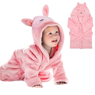 Bild av URAQT Baby Badrock för Flickor, 3D rosa Kanin Babymorgonklänning, Supermjuk Flanell Med Huva, Djur Sovkläder Bebis Gåvor 0 3 år Gammal