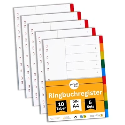 Bild av perfect line Mappregister DIN A4 av plast (PP), 10 flikar (10 stycken), set om 5, skiljeblad för mappar, återvinningsbara, tillverkade i Tyskland