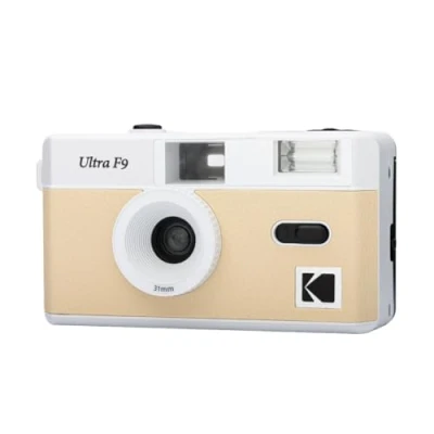 Bild av KODAK Ultra F9 återanvändbar 35 mm silverkamera, fast objektiv 31 F/9, inbyggd blixt, manuell spolning, idealisk för inomhusbruk beige