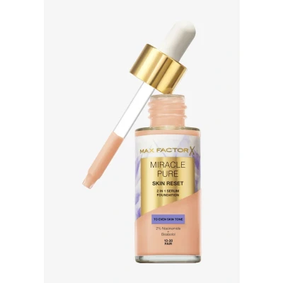 Bild av Max Factor Miracle Pure Skin Reset serum Foundation 10 30 Fair, 2 i 1 formel, hälsosam hud, medium täckning, satin matt finish, 2% niacinamid, dermatologiskt testad