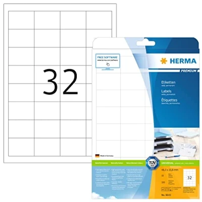 Bild av HERMA 8643 universella etiketter A4 små, set med 32 (48,3 x 33,8 mm, 320 ark, papper, matt) självhäftande, utskrivbara, permanenta adressetiketter, 10 240 klistermärken, vit