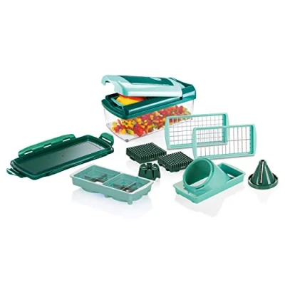 Bild av Genius A34035 Nicer Dicer Fusion smart grönsaksskärarset 12 delar hackare med uppsamlingsbehållare, XXL knivinsats och julietti spiralinsats kuber, pennor, fjärdedel, åttelse, julietti, PP