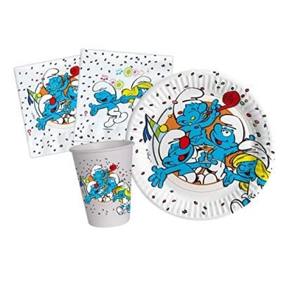 Bild av Party Tableware Set The Smurfs for 8 people (36 pcs: plates Ø18cm, cups 200ml, 20 napkins 33x33cm) in eco friendly compostable paper