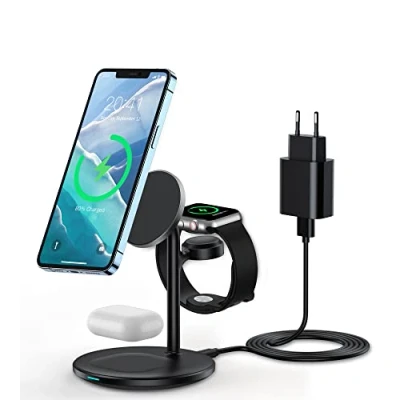 Bild av trådlös laddare, 3 i 1 induktiv laddningsstation, kompatibel med MagSafe laddare för Apple Watch 7/SE/6/5/4/3/2, AirPods Pro/3/2, iPhone 14/13/12Pro Max/14 Plus/Pro, 18 W laddningsstativ