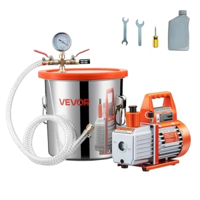 Bild av VEVOR 110 l/min vakuumpumpsats, 11,36 L avgaskammarsats, enstegs vakuumpump, lock i härdat glas, rör 1,5 m, för stabilisering av silikonharts avfettningsmedel trä