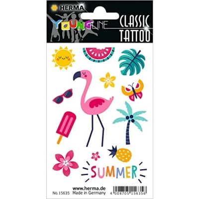 Bild av HERMA 15635 Tillfälliga tatueringsklistermärken för barn, sommarkänsla (13 klistermärken, överföringsfolie) självhäftande, tvättbart motiv barntatueringar att klistra på flickor och pojkar, färgglada