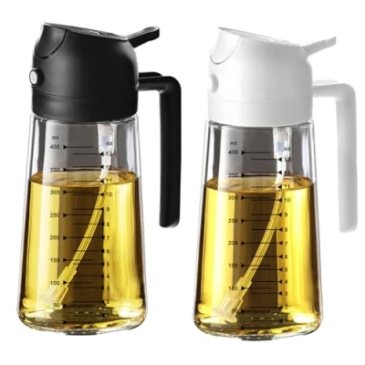 Bild av TrendPlain 470 ml olivolja dispenser flaska för kök 2 i 1 oljedispenser och oljespruta matlagning, luftfritös, sallad, BPA fri spruta, svart vit.