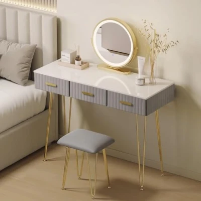 Bild av WOLTU sminkbord med LED lampor, justerbart ljus, sammetspall, sminkkonsol 3 lådor, enkel montering, modern, vit + grå, MB6108gr