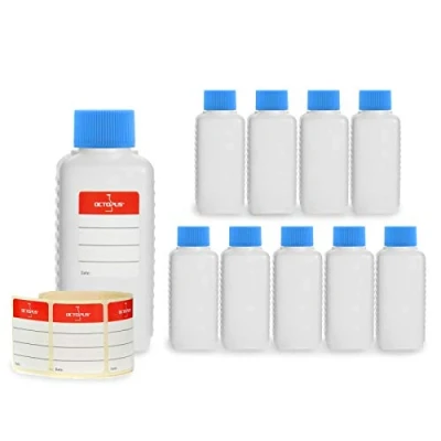 Bild av Octopus 10 x 100 ml plastflaskor, HDPE plastflaskor med blå skruvlock, tomma flaskor fyrkantiga inkl. märkningsetiketter