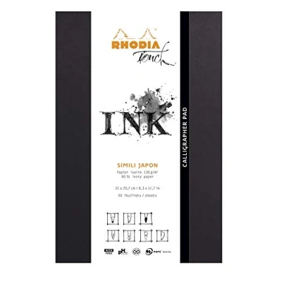 Bild av Rhodia 116123C Anteckningsblock calligraph dyna, limmad på huvudsidan, DIN A4 (21 x 29,7 cm), 50 ark mikroperforerade, tom, Clairefontaine papper Simili Japon elfenben 130 g, svart, 1 styck