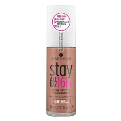Bild av essence stay ALL DAY 16h long lasting foundation, make up, nr 45 Soft hasselnöt, brun, för blandhy, långvarig, mattande, mjukmärkande, matt, vegansk, oljefri, vattentät (30 ml)
