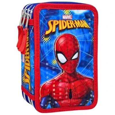 Bild av Clondo 3D pennfodral med 3 fack för barn, trippelfyllda, 44 grundskoletillbehör, blixtlås, 20 cm, rad, kritor, markörer, Spiderman25 B, pennhållare