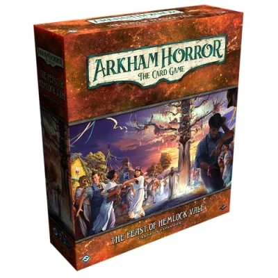 Bild av Arkham Horror The Card Game Feast of Hemlock Vale kampanjförlängning upptäck en mystisk förbjuden ö. Kooperativ LCG, från 14 år, 1 till 4 spelare, 2 timmars spel, tillverkad
