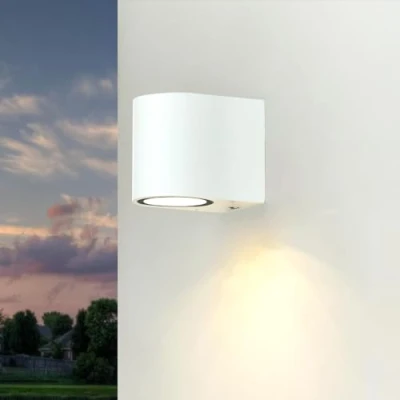 Bild av vägglampa GU10, utomhuslampa vägg vit, downlight utomhus, halvcirkelformad, trädgård, terrass, D:9,2 cm, IP44, regnsäker, ytterdörrslampa, utomhus