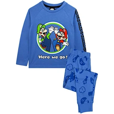 Bild av Super Mario Pyjamas Luigi pojkar långärmad barn blå t shirt och byxor pyjamasset, BLÅ, 13 14 År
