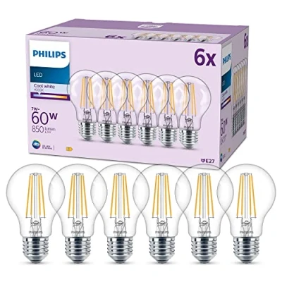 Bild av Philips LED Classic multipack: 7W (60W), E27, A60, Kallvitt 4000 Kelvin, Klart glas, filament, 850 lumen, Ej dimbar, 15000 timmar livslängd, 6 pack