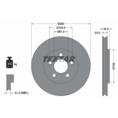 Bild av TEXTAR PRO 92271603 Disque de frein 260 23 05/05 100 ventilé l&#039;intérieur revêtu sans boulon fix roue, moyeu roue