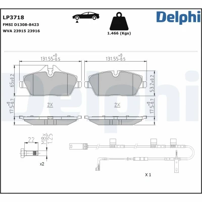 Bild av DELPHI LP3718 Bromsbeläggsats inkl. slitvarnarkontakt Anti skrik plåt med tillbehör MINI: Clubman (R55) 1.6 Cooper, Cooper D, One