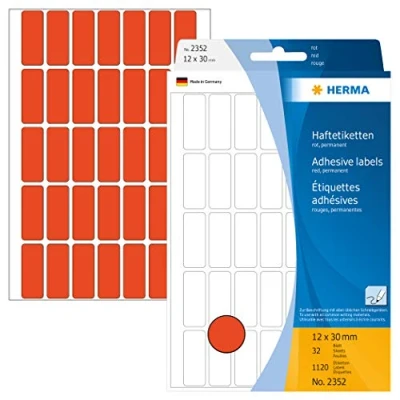 Bild av HERMA 2352 multifunktionsetiketter mini (12 x 30 mm, 32 ark, papper, matt) självhäftande, permanenta hushållsetiketter för handskriven märkning, 1 120 klistermärken, röd