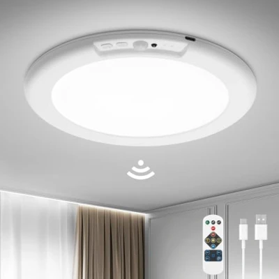 Bild av Bojim Uppladdningsbar Rörelsesensor Taklampa med Fjärrkontroll, Ø19cm Batteridriven Inomhus, 3CCT 250LM Dimbar Trådlös för Badrum, Vind, Garage, Veranda, Trappa, Hall