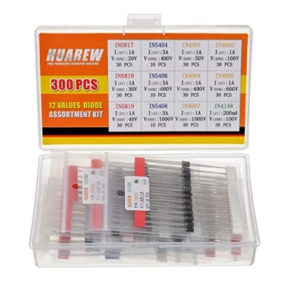Bild av HUAREW 12 värden 300 stycken likriktningsdiod 1N4001 1N4002 1N4004 1N4005 1N4007 1N5404 1N5406 1N5408 Schottky Diod 1N5817 1N5818 1N588 19 switch 1N4148 klassificeringssats