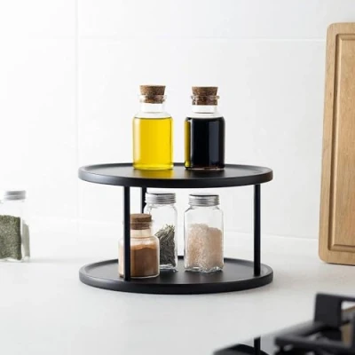 Bild av Navaris Två nivåer Lazy Susan förvaringsställ roterande skivspelare arrangör för kökshylla skafferi skåp kylskåp metallroterande vertikal kryddhylla