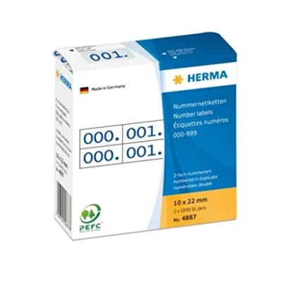 Bild av HERMA 4887 nummeretiketter siffror 0 999, dubbla (22 x 10 mm, papper, matt) självhäftande, permanenta häftand, löpande nummer klistermärken i en kartongdispenser, 2 000 etiketter, blått tryckt