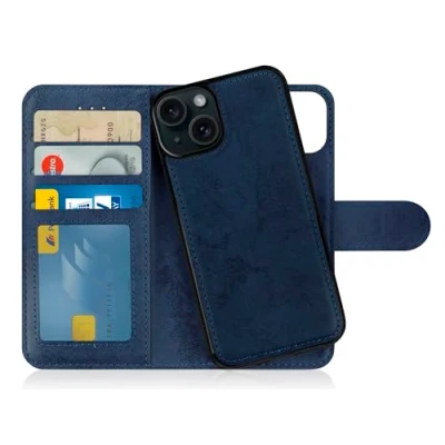 Bild av MyGadget Flip Case för iPhone 15 [avtagbart magnetfodral] mobiltelefonfodral av konstläder [vikbart fodral med kortfack] skyddsfodral i mörkblått