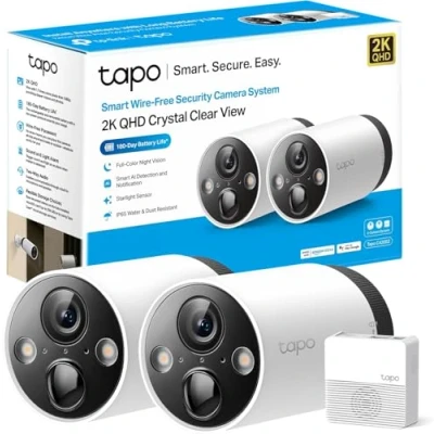Bild av Tapo TP Link C420S2 Övervakningskamera utomhus, 2K högupplösning, 180 dagars batteriprestanda, mörkerseende i fullfärg, intelligent identifiering, microSD kort och molnminne, set med 2 kameror