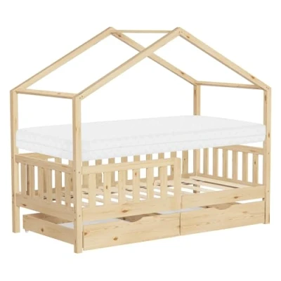 Bild av ML Design barnsäng hussäng 80x160 cm naturfärgad med madrass, träsäng 2 lådor, fallskydd ribbotten och tak leksäng av furu för barn Montessori golvsäng sängram lekfullt husbädd junior säng barnrum