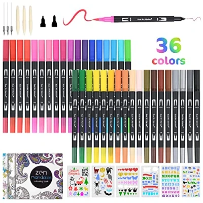 Bild av Vicloon penselpennor med dubbla spetsar, 36 färger fineliners, färgpennor 6 ersättningspåfyllningar, filtpennor, färgpennor, fineliner pennor för vuxna målarböcker, ritning, skissning, pyssel och hantverk