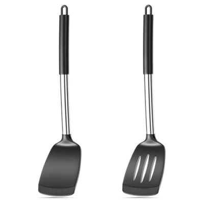 Bild av Avesteir 2 stycken degskrapa, silikonspatel med rostfritt stål kärna, wok stekspade 35 cm, stekpannor non stick värmebeständig, kökspatel för bakning pannkakor (svart)