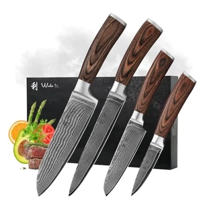 Bild av Wakoli Edib 4 delad damaskus knivset med kökskniv bladlängder från 8,5 18 cm extremt vass på grund av 67 lager I Damascus kockkniv set äkta japanskt damaststål Pakka handtag