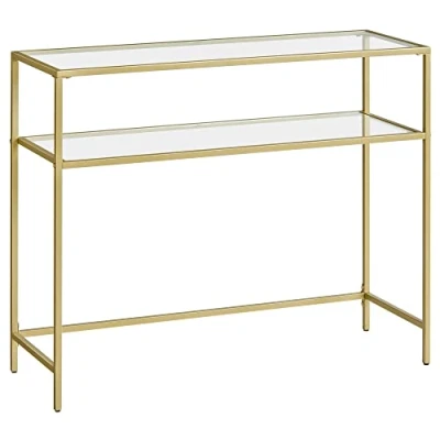 Bild av VASAGLE konsolbord, härdat glasbord, modern soffa eller entrébord, metallram, 2 hyllor, justerbara fötter, för vardagsrum, hall, guldfärg LGT025A01