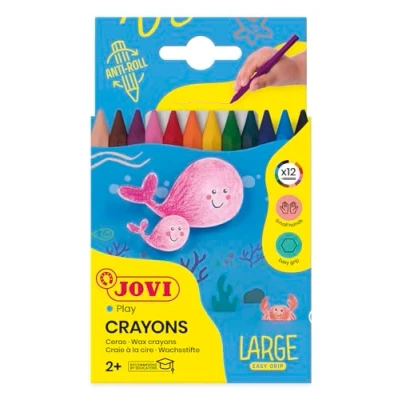 Bild av Jovi Large Easy Grip Crayons, Etui med 12 sexkantiga plastkritor, Diverse färger, Hög prestanda, Idealisk för barn, Glutenfri (912)