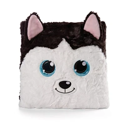 Bild av mjuk leksakskudde GLUBSCHIS husky Barkley 30x30cm vit svart Fluffig gosekudde för pojkar, flickor, spädbarn och alla som älskar gosiga leksaker perfekt hemmet, dagis eller på språng
