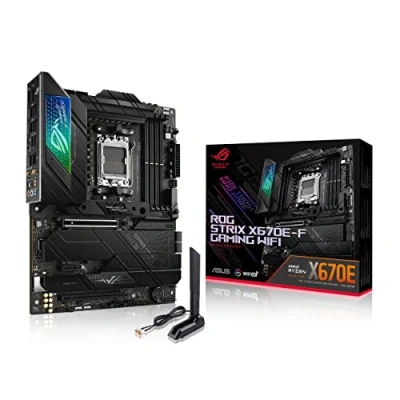 Bild av ASUS ROG Strix X670E F Gaming WiFi AMD Ryzen AM5 ATX moderkort, 16 + 2 effektsteg, DDR5 stöd, fyra M.2 kortplatser med kylflänsar, USB 3.2 Gen 2x2, PCIe 5.0, 6E, AI kylning II och Aura Sync