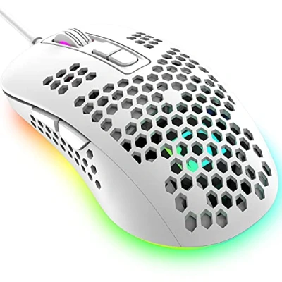 Bild av Ultralätt trådbunden spelmus, ergonomisk lättviktig bikakeskalldesign, 4 typer av RGB andningsbakgrundsbelysta möss, justerbara DPI upp till 2400, USB optiska möss (vit)