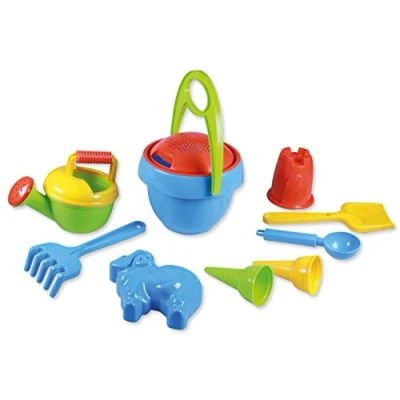 Bild av Lena 05420 Happy Play Set för pojkar I, sand 10 delar barn från 2 år, strandleksak med hink, sikt, spade, kratta, vattenkanna, skopa, glasstrutar och formar, flerfärgad