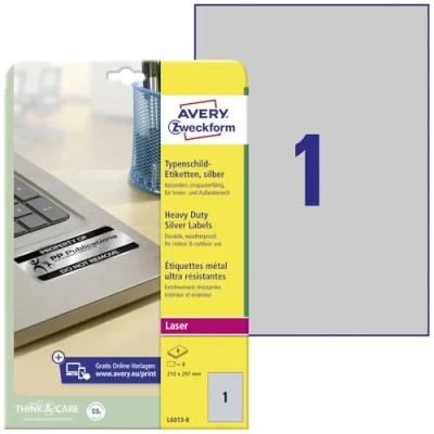 Bild av AVERY Zweckform L6013 8 typskylt folieetiketter (8 klistermärken, 210 x 297 mm på A4, starkt självhäftande, slitstark, väderbeständig, tryckbar självhäftande film, blanka) ark, silver