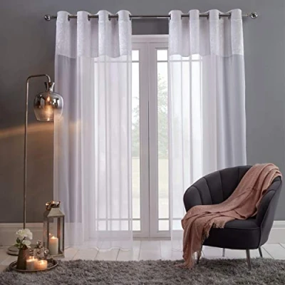 Bild av Sienna krossad sammet fönsterbehandling spetsnät texturerad öljett ring topp voile två panelgardiner, ren vit 140 cm x 220 fall