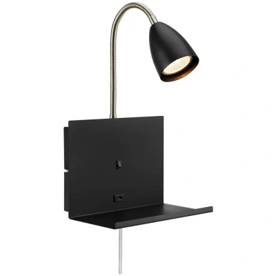 Bild av Markslöjd Vägglampa Cuarto svart 30 cm järnplugg USB port hylla
